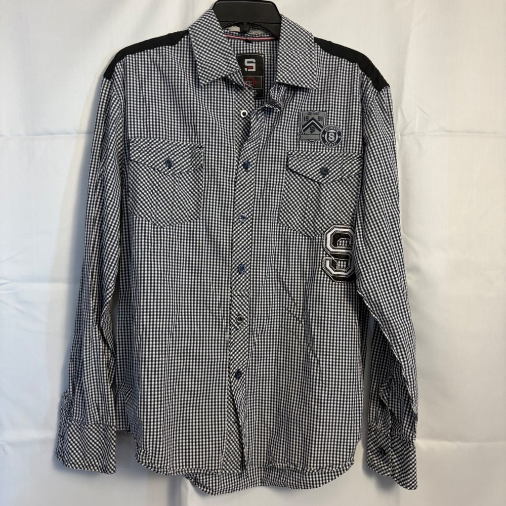 Southpole Mens Gingham Button Down Shirt Navy White Varsity Patch Cotton Large